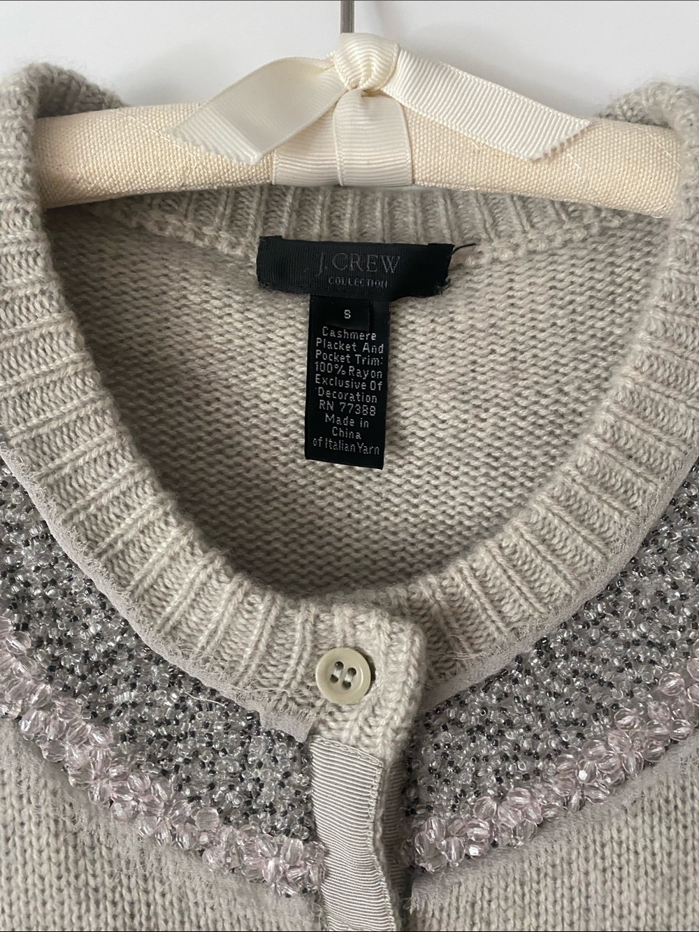 J. Crew Collection Heather Grey Cashmere Knit Cardigan with Embellished Yoke